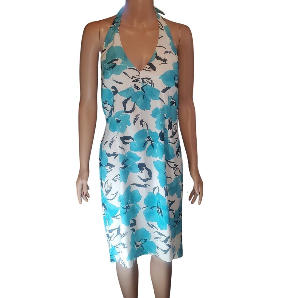 AGB Dress Floral Halter Stretch Midi Dress Tropical Resort Cruise Size 14
